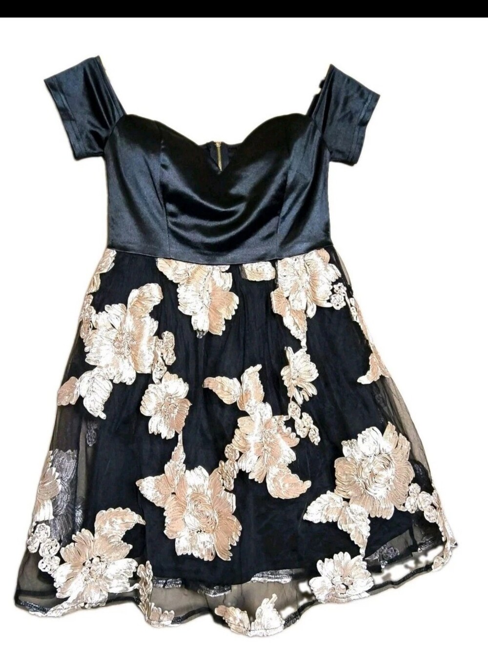 Papaya Black Satin Floral Ribbon Embroidered Fit Flare Party Dress M